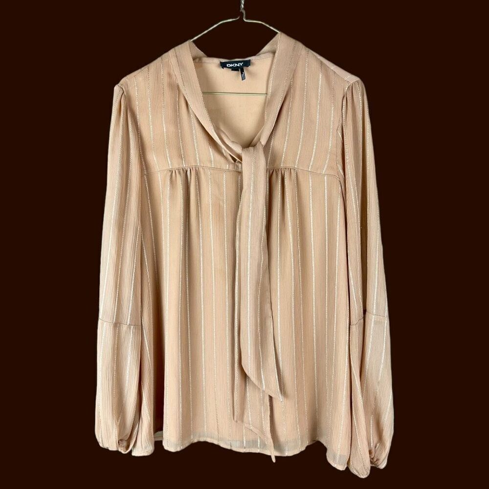 DKNY Women’s Tie Neck Long Sleeve Blouse in Taupe with Gold Contrast Stitching |
